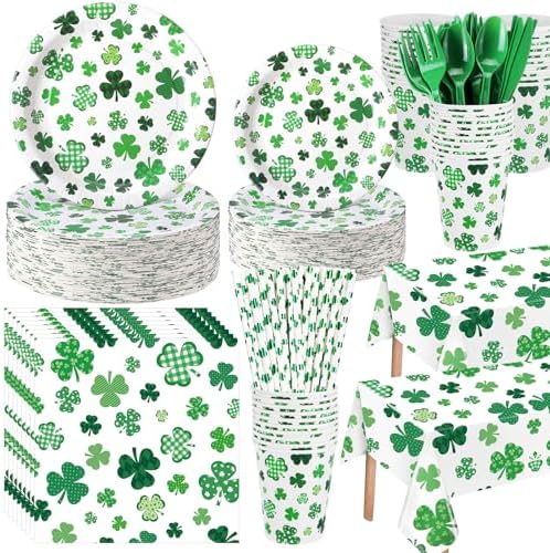 Potchen 452 Pcs Themes Party Supplies Decorations for 50 Guests, Paper Plates Napkins Cups Tablecloth Cutlery Straws for Birthday Baby Shower Party Decorations(White Green,St. Patrick’s Day) by Potchen