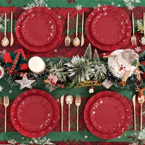 LIYH 50 Pcs Red Plastic Plates Reusable Christmas Plastic Plates Unbreakable Holiday Dinnerware Set Scalloped Plate for Christmas Day,Dishwasher Safe BPA Free (25Guests) - Image 5