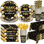 Funnymoom 452 Pcs Black Gold We Appreciate You Decoration for 50, Thank You Paper Plates Napkins Cups Tablecloth Set for Administrative Professional Day Employee Teacher Volunteer Appreciation Supply by Funnymoom