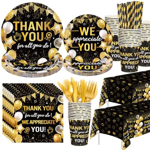 Funnymoom 452 Pcs Black Gold We Appreciate You Decoration for 50, Thank You Paper Plates Napkins Cups Tablecloth Set for Administrative Professional Day Employee Teacher Volunteer Appreciation Supply by Funnymoom