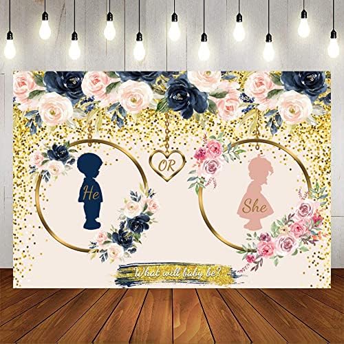 Gender Reveal Backdrop 12x8ft Navy and Blush Flower Gold Dots Photography Backdrop He or She What Will Baby Be Gender Reveal Party Backdrop Kids Newborn Portrait Photo Backdrop by OFILA