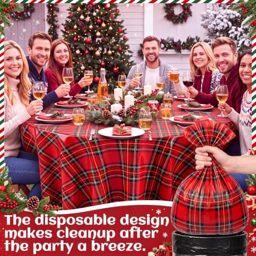 Ganeen 12 Pcs Christmas Tartan Plaid Tablecloth Round 84 in Red Plastic - Image 6