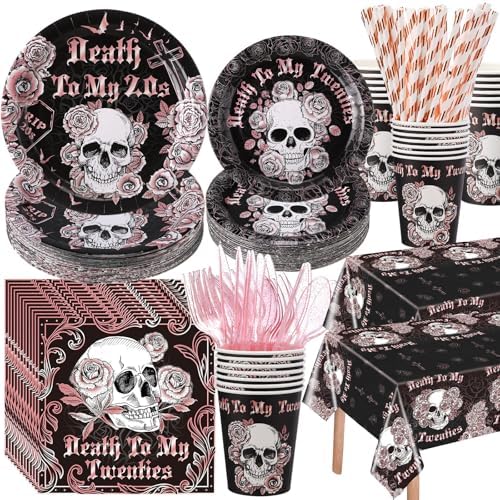 Funnymoom 452 Pcs Death to My 20s Decoration for Her Serves 50, Black Rose Gold Rip 20s Paper Plates Napkins Cups Tablecloth Cutlery Straw for Women Death to My Twenties 30th Birthday Party Supplies by Funnymoom