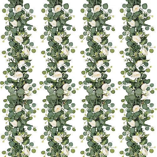TOCHGREEN 4 Pack Artificial Eucalyptus Flower Garland with White Roses by TOCHGREEN
