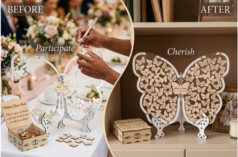 61 Pcs Butterfly Guest Book Alternative, Rustic Drop Wooden Signs for Wedding, Quinceañera, Parties, 60 Small Wooden Butterflies with Box, Unique Celebration Decor - Image 6