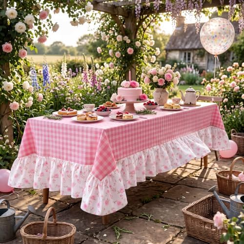 Moukeren Pink White Plaid Ruffled Long Table Cloth Rectangular Fits by Moukeren