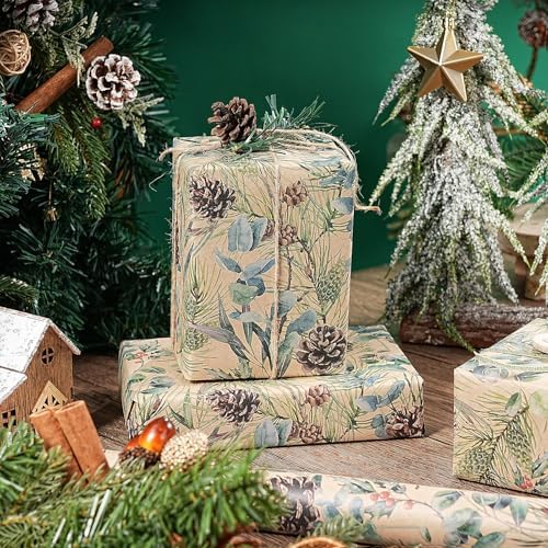 RUSPEPA 30" X 100' Kraft Christmas Wrapping Large Paper Roll, Jumbo Roll, Watercolor Pinecone and Eucalyptus Leaf Design, Kraft Gift Wrap for Christmas, Winter Holiday Party, Rustic Natural Theme - Image 3