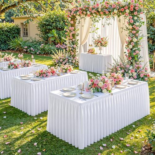 White Polyester Table Cloths for Rectangle 8 Foot Tables, 2 Pack Wrinkle Free Tablecloths Stretchy Banquet Ruffle Fitted Table Cover Desk Skirt for Parties Wedding Birthday Baby Shower - Image 5