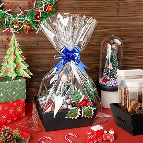 Fainne 74 Pcs Baskets for Gifts Empty Bulk DIY Empty Gift Basket Include 20 Kraft Cardboard Tray with Handles 30 Bags 24 Bows for Christmas Thanksgiving Birthdays Snacks Party, 8" x 6" x 3"(Black) - Image 2