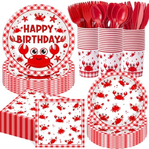 Funnymoom 400 Pcs Crab Boil Birthday Party Supplies for 50 Guest Seafood Disposable Plates Napkin Cup Spoon Fork Knives for Birthday Picnic BBQ Crab Seafood Boil Party Supplies by Funnymoom