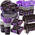 Funnymoom 452 Pcs Retirement Party Decorations Supplies Set Include Purple and Black Retirement Paper Plates Napkins Cups Tablecloth Cutlery Straws for Men Women Say Goodbye Party by Funnymoom