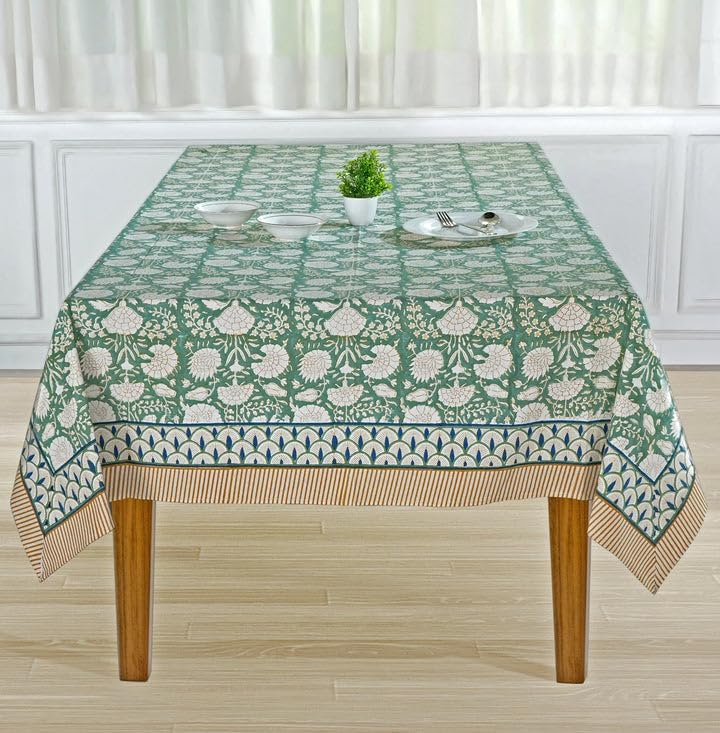 Ridhi Turquoise Moss Green Hand Block Print Cotton Tablecloth 118x70 Inch - Image 4