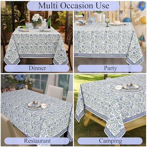Ridhi Columbia Blue Hand Block Print Cotton Tablecloth 118 x 70 Inch - Image 5