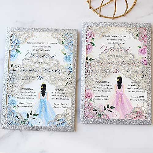 Hosmsua 50PCS 5.1x7.3 Inch Silver Glitter Quinceanera Invitations Cards Laser Cut Floral Crown Pocket Invitation with Envelopes for Birthday Bridal Shower - Image 5