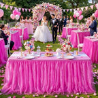 Hot Pink Tulle Table Skirt 14FT Desk Skirt for Classroom Dorm Teacher Desk Back to School Desk Curtain Skirt Ruffle Tutu Shimmer Table Skirting for Birthday Baby Shower Party Cake Dessert Table Decor - Image 2