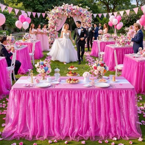 Hot Pink Tulle Table Skirt 14FT Desk Skirt for Classroom Dorm Teacher Desk Back to School Desk Curtain Skirt Ruffle Tutu Shimmer Table Skirting for Birthday Baby Shower Party Cake Dessert Table Decor - Image 2