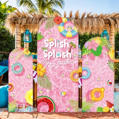 Chunful 3 Pcs Splish Splash Birthday Party Decorations Summer Pool Backdrop Arch Cover Cute Happy Birthday Party Decorations for Swimming Pool Photo Background Decor 6 ft/5 ft/4 ft(Pink-Green) - Image 6