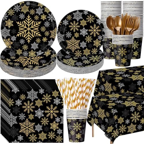 Funnymoom 452 Pcs Christmas Snowflake Party Supplies Black Gold and Sliver Snowflake Paper Plates and Napkins Cups Tablecloth Cutlery Straws for 50 Guests Winter Xmas Birthday Party Decoration by Funnymoom
