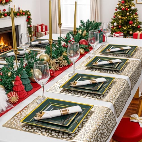 Liacere 100PCS Green and Gold Square Plastic Plates-50PCS Heavy Duty 9.5inch Disposable Dinner Plates and 50PCS 6inch Green Dessert Plate - Gold Plastic Plate for Party&Wedding - Image 2