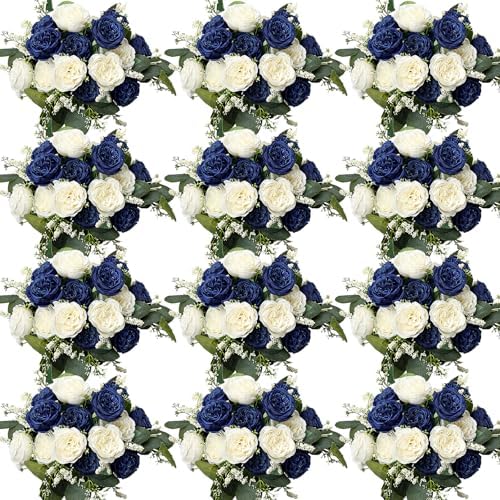 12 Bundles Royal Blue White Artificial Peonies Silk Flowers Bulk by Nagobi