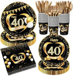 Pickmesh 400 Pcs 40th Anniversary Party Supplies, Black Gold Tableware Set by Pickmesh