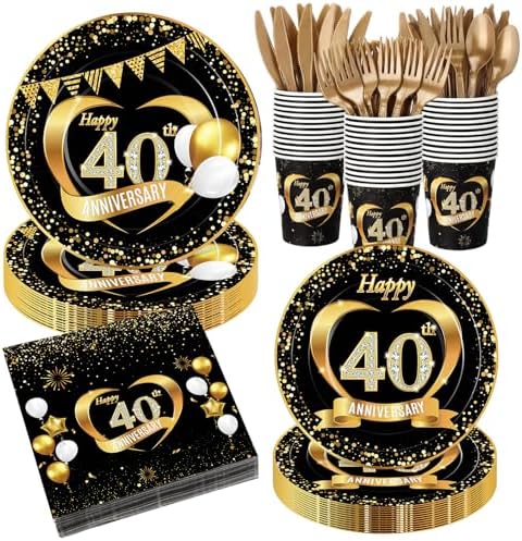 Pickmesh 400 Pcs 40th Anniversary Party Supplies, Black Gold Tableware Set by Pickmesh