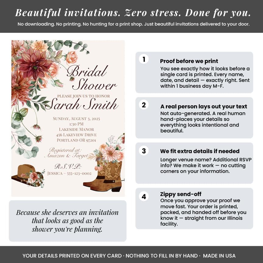 Amanda Creation Western Bridal Shower Invitations Personalized for Her, 30 5x7 Bridal Shower Invitations with Envelopes, Rustic Cowboy Boot Floral - Image 3