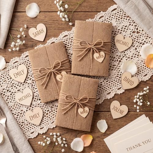 Tosstuki 50 Sets Pre-folded burlap Wedding Invitation Jackets for 5x7 Cards, Rustic Wedding Wraps with Wooden Heart Pendants Accessories for Bridal Shower & Vintage Party Decor by Unknown