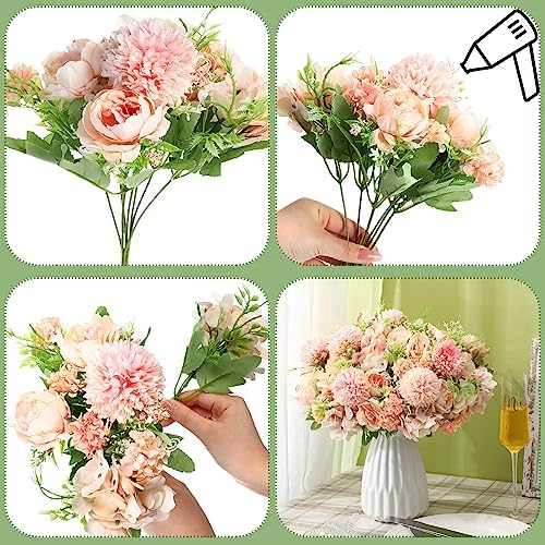 Tigeen 12 Bundles Artificial Flowers Bouquet Silk Peonies, Light Pink - Image 4