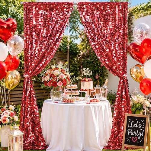 Red Big Payette Sequin Backdrop Curtain 2 Panels 2ftx8ft Sparkly Glitter Party Background for Birthday Holiday Wedding Event Decorations - Image 6