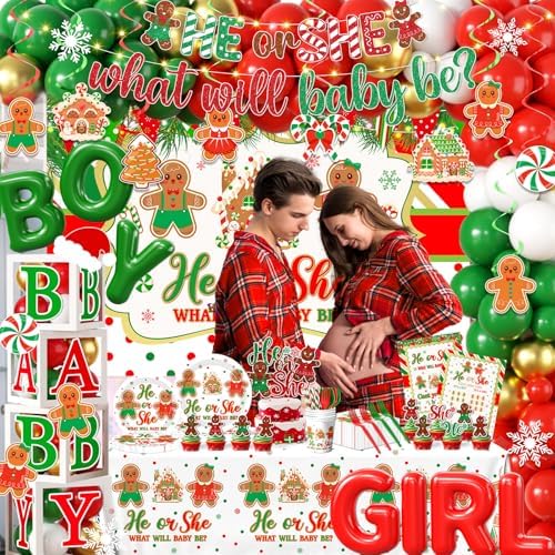 Christmas Gingerbread Gender Reveal Decorations Red Green Christmas Gender Reveal Paper Plates Napkin Tablecloth Balloons Boxes Tablecloth Backdrop Cake Topper for Xmas Baby Shower Party Decor - Image 2