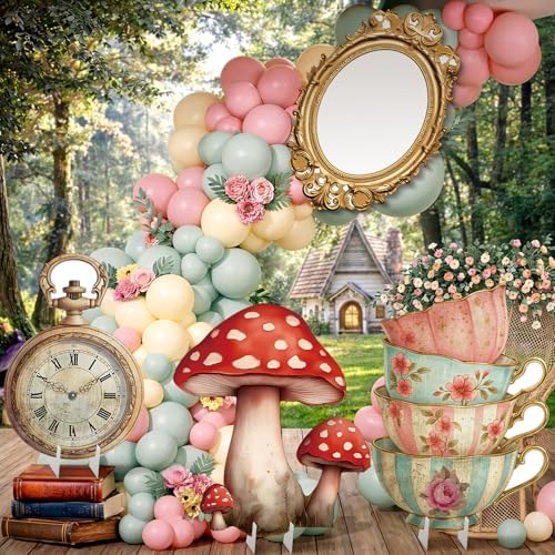 4 Pcs Wonderland Tea Party Decoration Life Size Tea Party Cardboard Cutouts Clock Retro Photo Frame Mushroom Floral Teacup Cutouts for Baby Shower Birthday Photo Booth Props Backdrop Favor - Image 2