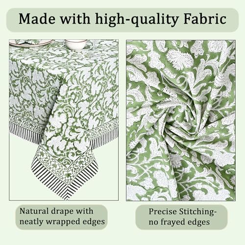 Ridhi Sage Green Hand Block Print Cotton Rectangle Tablecloth 120 x 80 Inch - Image 6