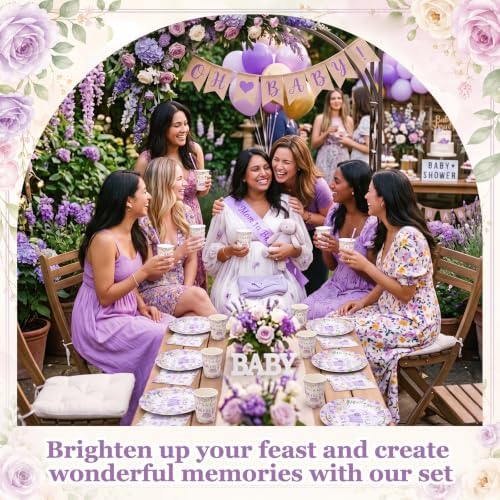 Pickmesh 250 Pcs Purple Floral Baby Girl Shower Disposable Tableware Set Hello Sweet Baby Paper Plates Napkins Cups Cutlery for Gender Reveal Birthday Party Supplies Babies Shower, Serve 50 Guest - Image 5