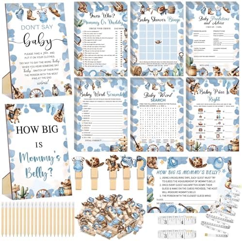 Funnymoom 426 Pcs Cowboy Baby Shower Games, 8 Games Bingo Word Scramble by Funnymoom