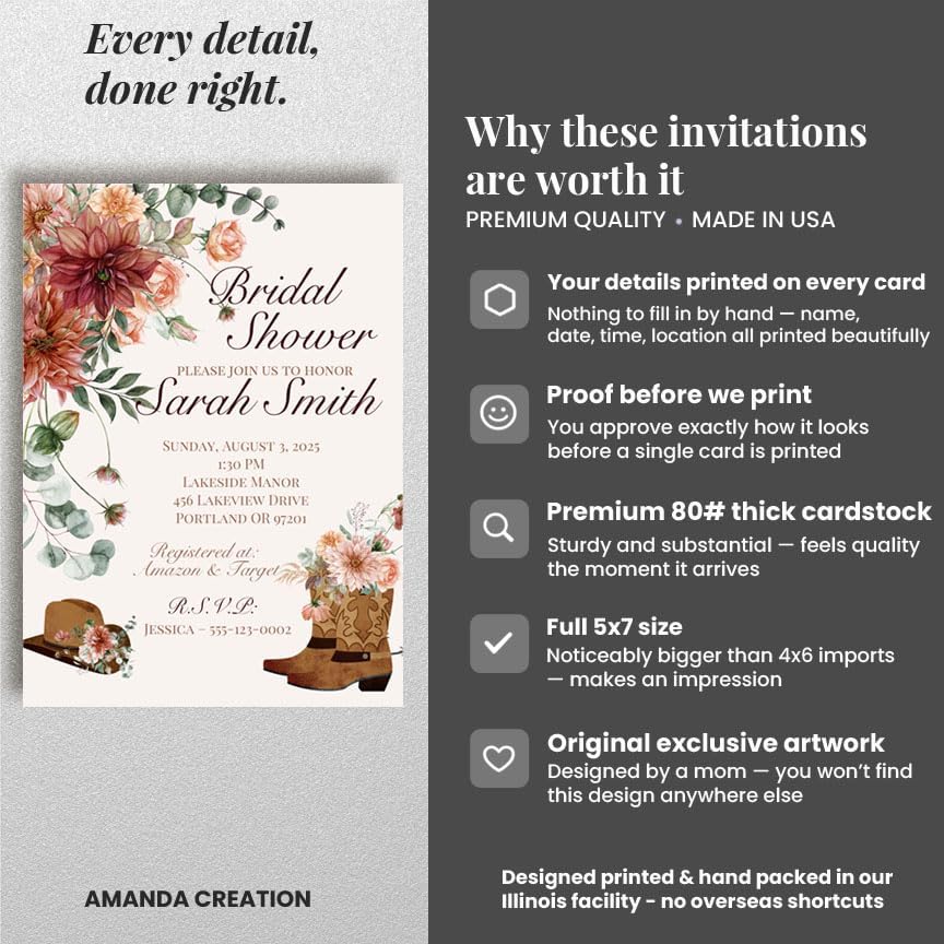 Amanda Creation Western Bridal Shower Invitations Personalized for Her, 50 5x7 Bridal Shower Invitations with Envelopes, Rustic Cowboy Boot Floral - Image 4