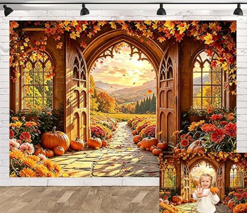 Fall Window Scenery Backdrop 10x6.5FT Autumn Gothic Arch Door Backdrops by Unknown
