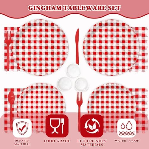 Vyntra 350-Pc Red Gingham Paper Plates and Napkins Party Supplies - Image 5