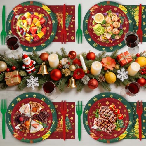 250 Pcs Christmas Plates and Napkins, 50 Guests Party Dinnerware Supplies Disposable Merry Christmas Tree Paper Plates Napkins Tableware for Winter Xmas Holiday Party Decorations - Image 4