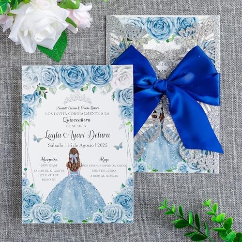 20 PCS 5.12x7.2 Butterfly Personalized Quinceanera Invitation, Customized XV Anos Laser Cut Invitation Cards with Envelopes (Silver Glitter Personalized) by FEIYI