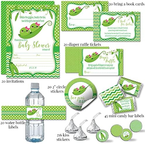 Amanda Creation Two Peas in a Pod Invitations, 20 Twin Girl Baby Shower Invitations with Envelopes, Diaper Raffle, Book Request & Sticker Bundle - Image 2