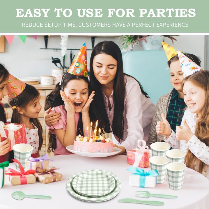 168Pcs Gingham Party Supplies for 24 Guests Thick Paper Plates and Napkins Knives Spoons Forks Cups Disposable Party Set Cutlery for Dinner Baby Shower Wedding Favor(Sage Green) - Image 5