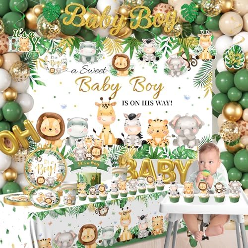 Safari Baby Shower Decorations,387pcs Jungle Baby Shower Decorations Sweet Boy Baby shower Theme Plates and Napkins Cups Tablecloth Backdrop Topper Balloons for Boy Wild Birthday Decorations - Image 3
