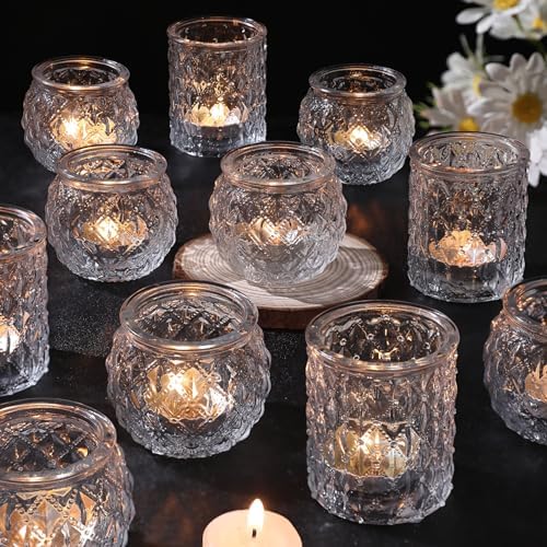DARJEN Clear Votive Candle Holders Set of 24- Round Glass Candle Holders Bulk for Tea Light Candle, Embossed Candle Votives for Wedding Centerpiece, Various Parties & Home Decor by DARJEN
