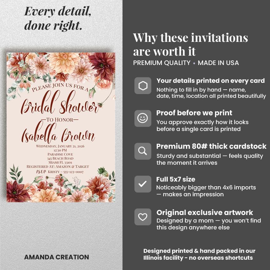 Amanda Creation Fall Bridal Shower Invitations Personalized for Her, 20 5x7 Bridal Shower Invitations with Envelopes, Boho Burgundy Floral - Image 4