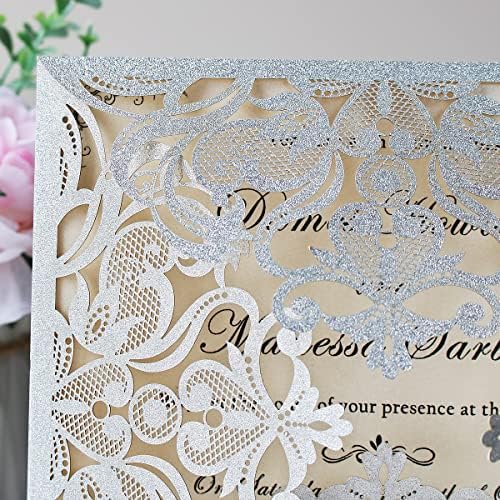 Hosmsua 50PCS Silver Glitter Laser Cut Wedding Invitation Cards with Envelopes, 6.3" x 6.3" Inch Hollow Lace Rose Invitations for Quinceanera Wedding Bridal Shower Engagement Invite - Image 6
