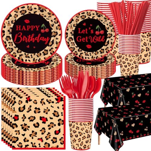 Ceenna 452 Pcs Red Cheetah Print Birthday Party Decorations for 50, Cheetah and Cherry Print Plates Napkins Cup Tablecloth Cutlery Straw Leopard Disposable Tableware for Women Y2K Night Party Supplies by Ceenna