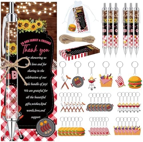 145 Pieces BBQ Baby Shower Gifts for Guest It's a Baby Q Ballpoint Pens and Keychains Favors Bulk Retractable Baby Shower Pens Gender Reveal Greeting Cards Souvenirs Prizes by EYNDYN