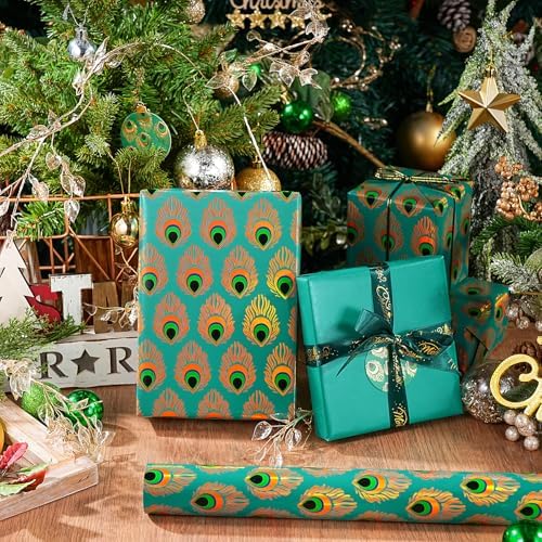WRAPAHOLIC 30 Inch Jumbo Reversible Peacock Christmas Wrapping Paper - 30 Inch x 100 Feet Jumbo Roll Peacock Feather Wrapping Paper with Metallic Foil Shine for Christmas, Birthday, Holiday - Image 6