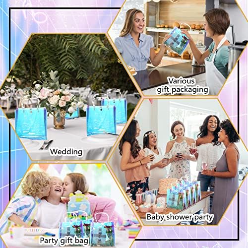 Sherr 25 Pcs Clear Holographic Small Gift Bag Iridescent Reusable PVC Plastic Gift Wrap Tote Bag for Shopping Wedding Birthday Baby Shower Party Favor, 7.87" x 7.87" x 3.15" - Image 6